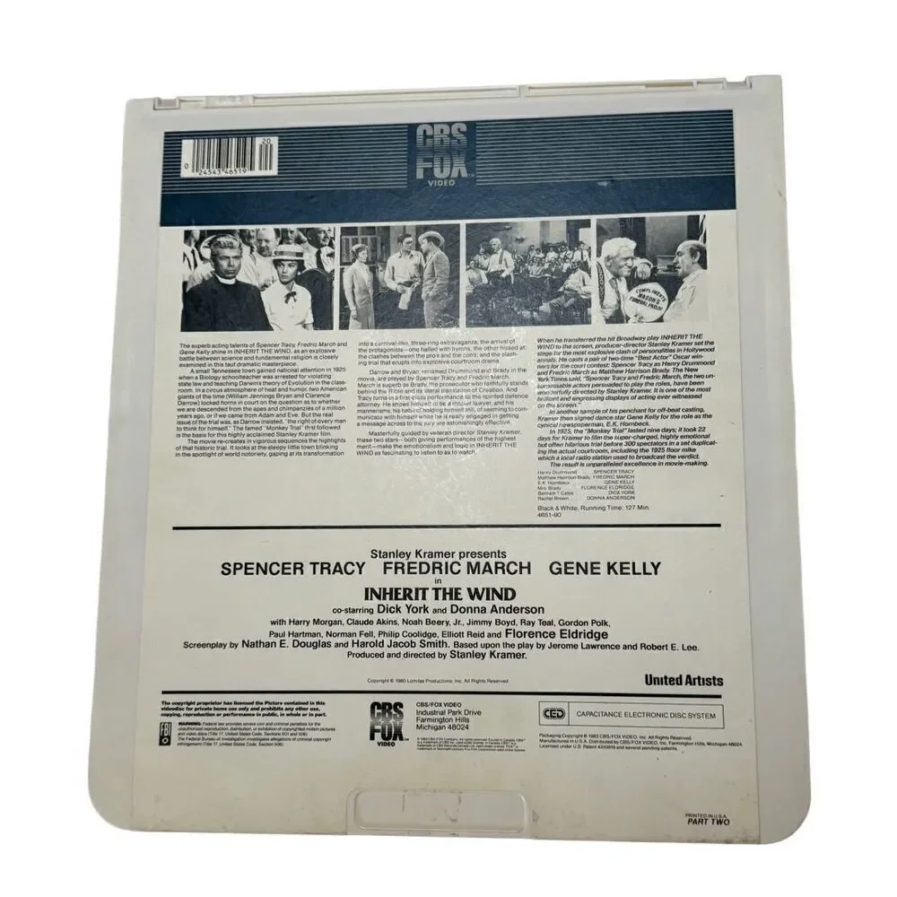 Inherit The Wind CED VideoDisc (1960) Spencer Tracy & Gene Kelly Part 1 & 2